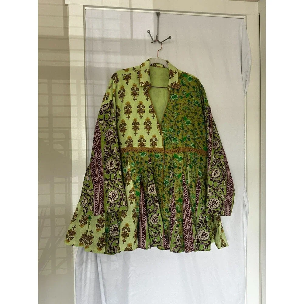 Free People Boho Patchwork Print Babydoll Tunic Top Size XS